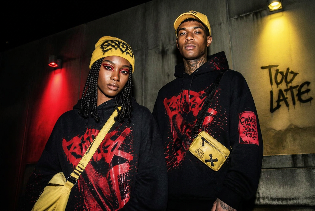 Two models wearing DAT SPOT hoodies, cap and bag under red and yellow light